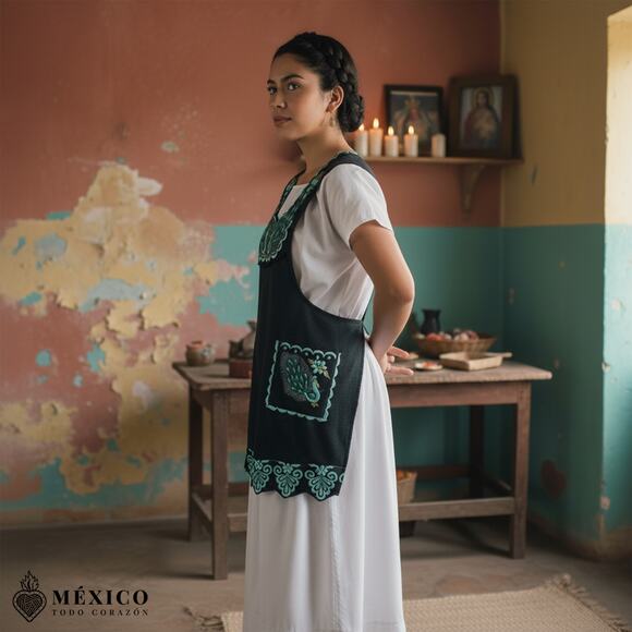 Green Mexican Embroidered Apron – Standard Kitchen Apron Floral Embroidery - Picture 3 of 9